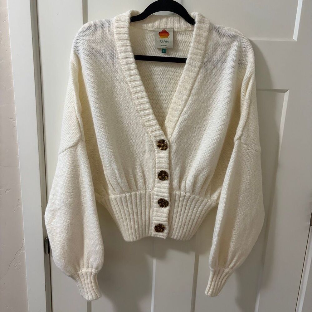 Farm Rio Ribbed Goldtone-Buttoned Cardigan Off White Size S - Picture 3 of 13